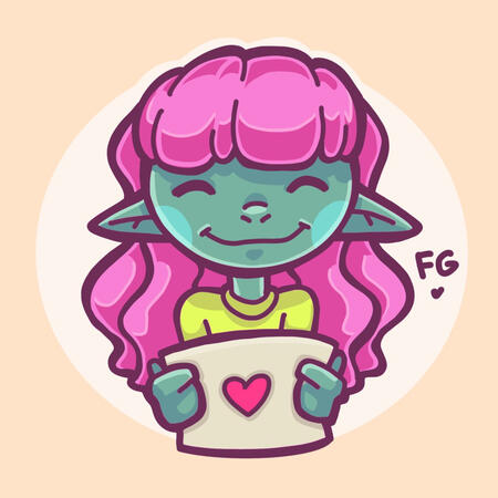 Green gremlin girl with green hair holding a heart sign